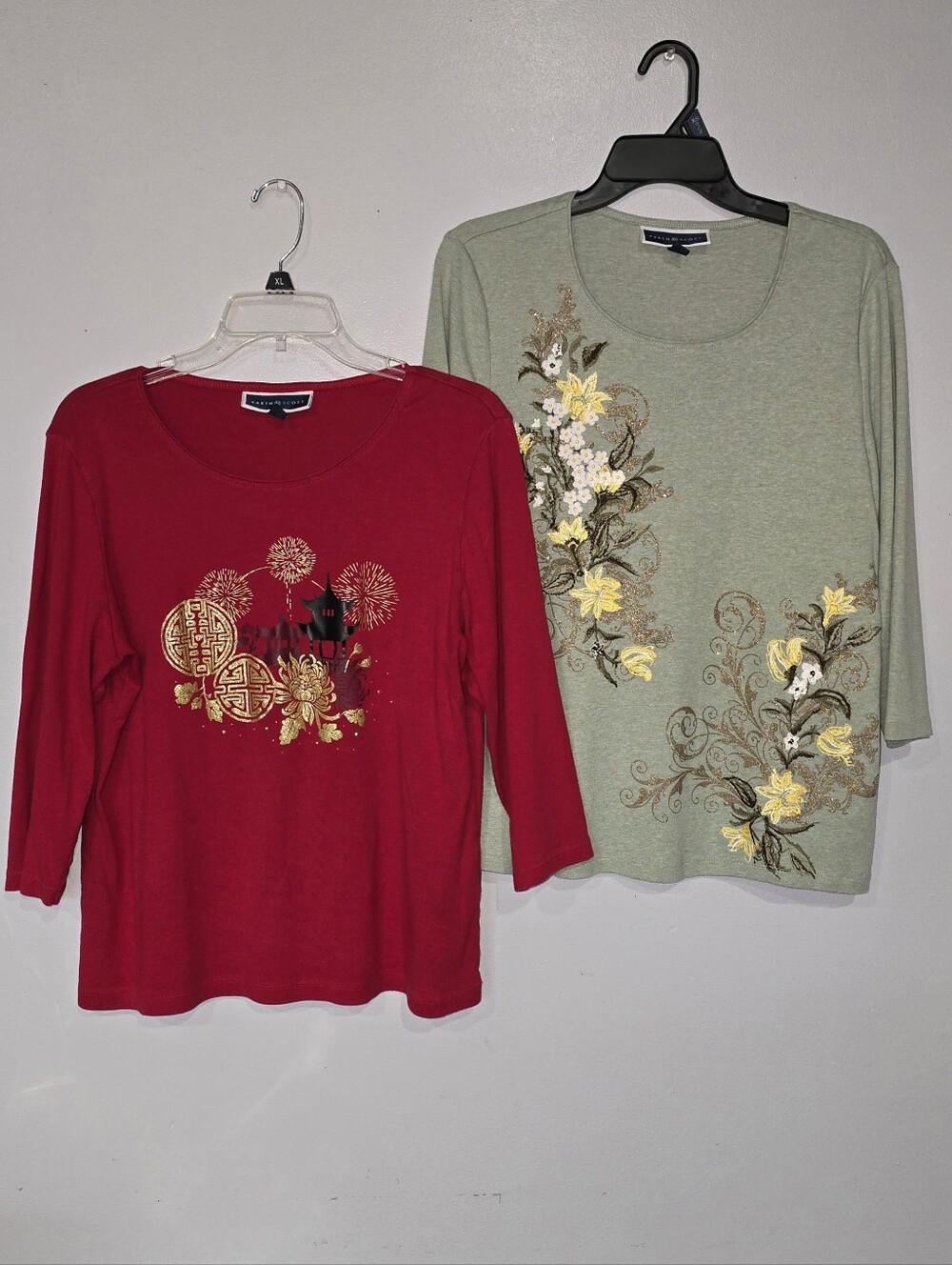 Karen Scott 3/4 Sleeve Tops with Sparkly Gold Designs SET of TWO!